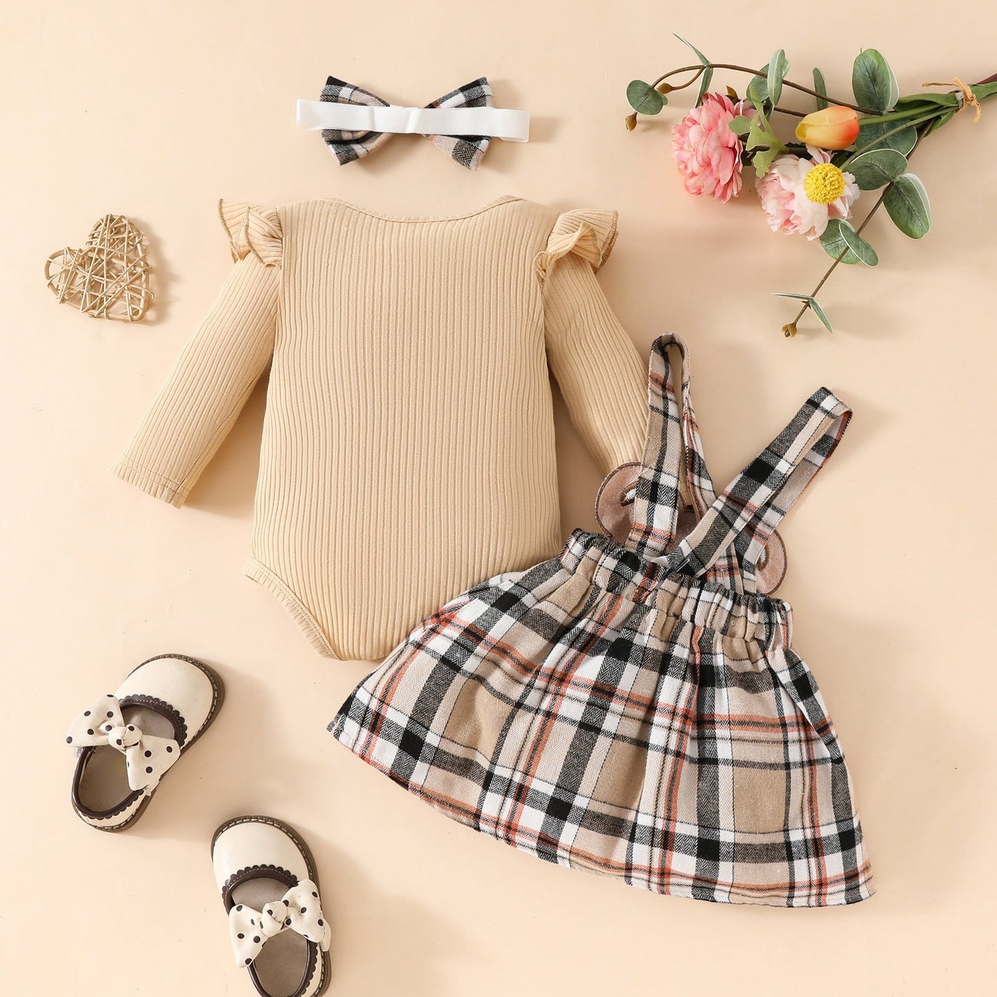 Girls' Fashion Minimalist Long Sleeve Triangle Rompers Bow Plaid Bear Doll Suspender Dress Hair Band Set (Available)