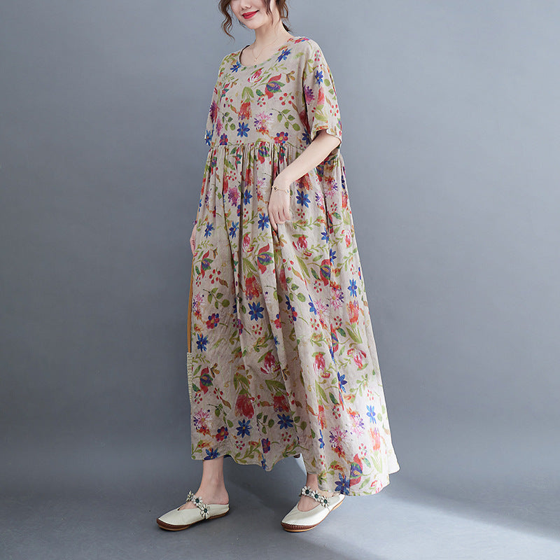 Artistic Large Size Loose Plump Girls Cotton And Linen Printed Short-sleeved Dress Women's Clothing "Artistic Large Size Loose Plump Girls Cotton And Linen Printed Short-sleeved Dress Women's Clothing (Available)