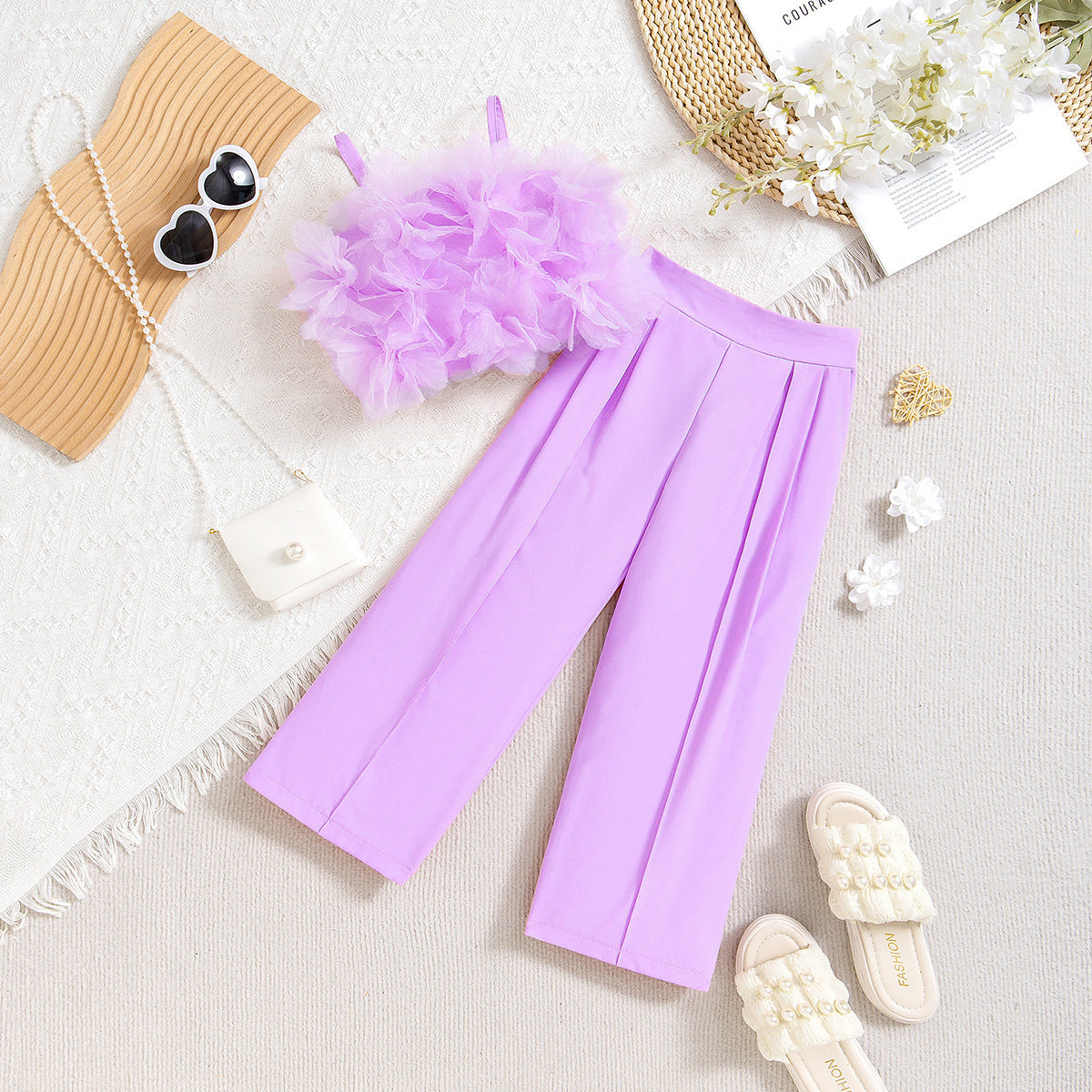 Mesh Three-dimensional Flower Sling Top Slim Fit Suit Pants Suit (Available)