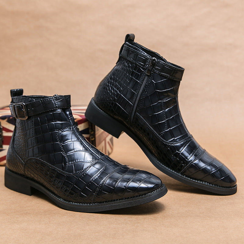 Men's Crocodile Pattern Boots Fashion Pointed Toe Low Square Heel Buckle Zipper Ankle Boots Business Formal Leather Shoes (Available)