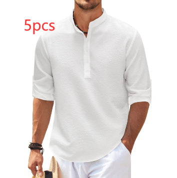 Men's Casual Shirt Long Sleeve Stand Collar Solid Color Shirt Mens Clothing (Available)
