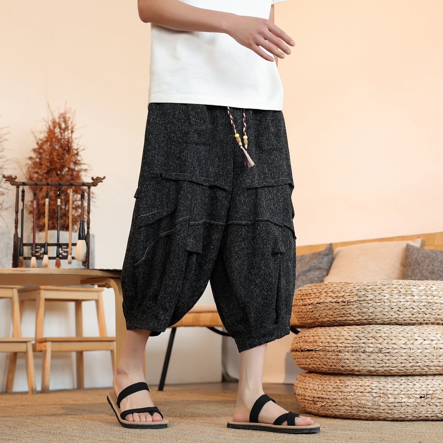 New Chinese Style Ice Silk Draping Pleated Cropped Pants Loose Men's Wide-leg Pants (Available)