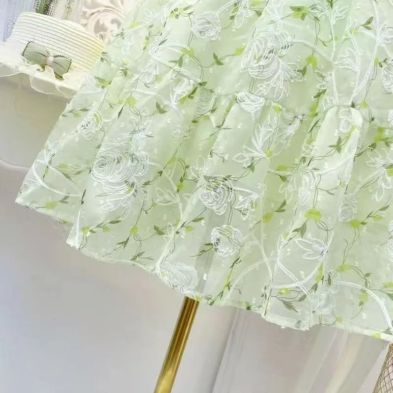 Girls Summer Dresses New Children's Princess Gown Big Kids Short-sleeved Dress Teen Girls Peter Pan Collar Clothing 4-12Y