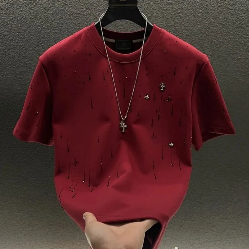 Spring New Heavy Work Light Luxury Custom Short Sleeve T-shirt Top Meteor Full Diamond T-shirt Round Neck Short Sleeve (Available)