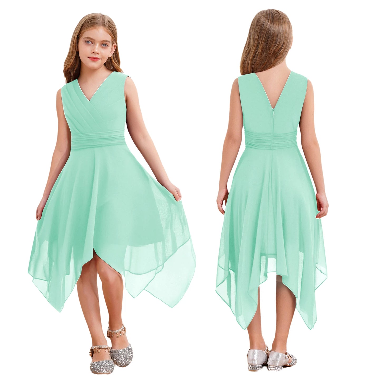 Summer Girls Festive Dress Hi-Lo Tulle Sleeveless Shiny Beaded Dress Flower Kids Wedding Pageant Clothing Evening Communion Gow