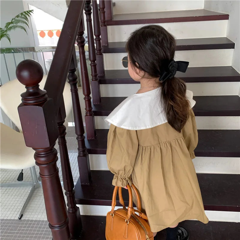 Girl Dress Spring 2023 New Retro Van Doll Pointed Collar Girl's Dress Long Sleeve Khaki Princess Dress Sweet Casual Dress