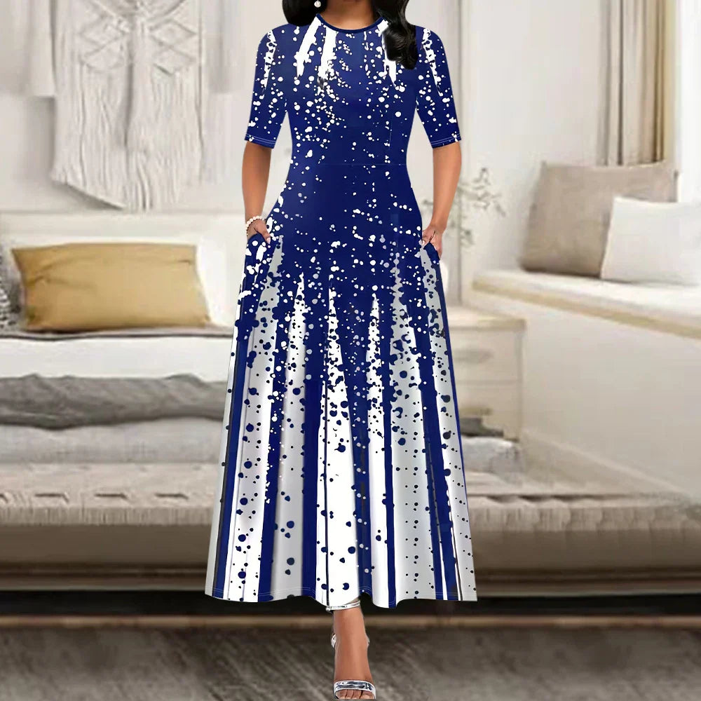Women's Elegant Party Long Dresses Loose Round Neck Short Sleeves Retro Printed Casual Long Dress (Available)