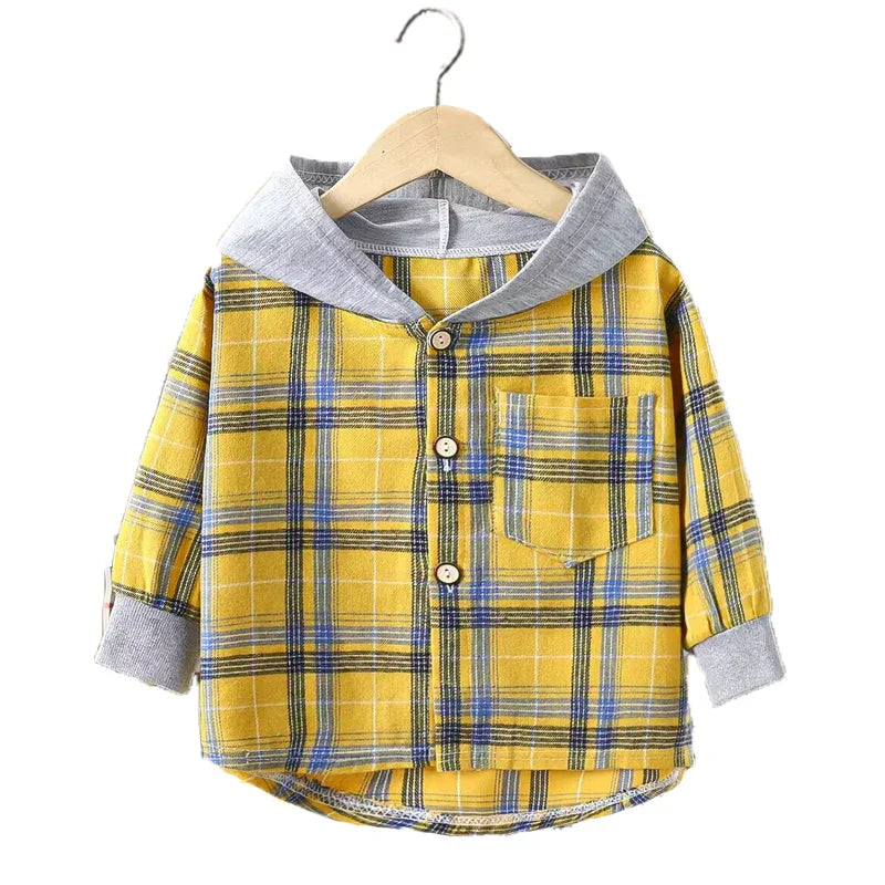 Spring and Autumn Children's Coat plaid boy shirt hooded plaid shirt 2-12 year old girl long sleeved coat baby clothes (Available)