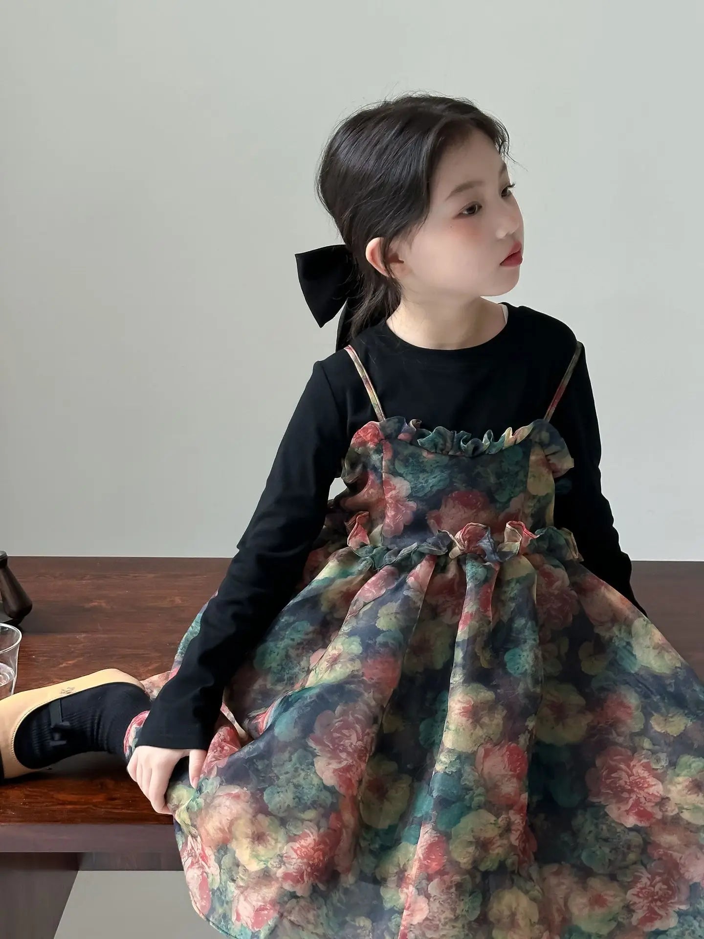 Girls Casual Dresses Autumn Girl Black T-shirt Camisole Flower Mesh Gauze Suit Princess Simple Printing Loose Beautiful 2024