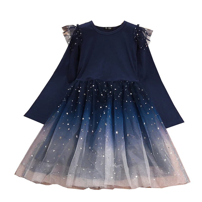 4-6-year-old girl's dress in spring and autumn is sweet and lovely, round neck and long sleeve stitching, star printing gauze he
