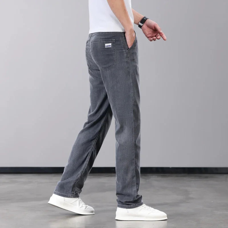 Summer Thin Men's Jeans Lyocell Fabric Soft Breathable Straight Denim Pants Brand Man Elastic Ice Silk Casual Trousers Grey Blue (Available)