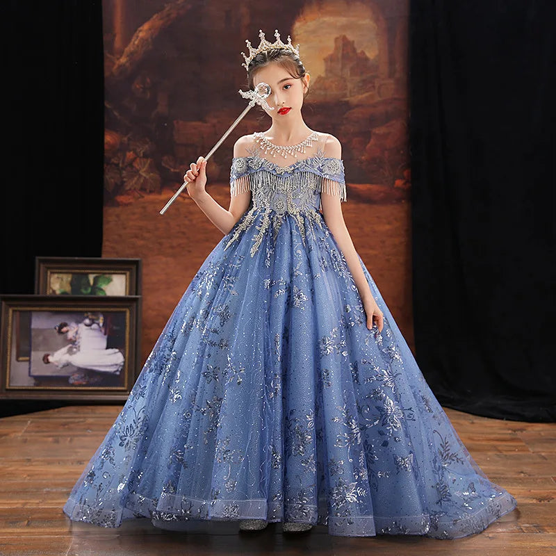 Girl Elegant Off Shoulder Dress Fashion Runway Show Luxurious Princess Dresses for Girls Birthday Party Long Kids Vestidos