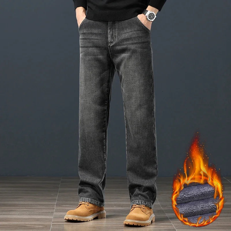 Winter Fleece Warm Men's Jeans Classic Loose Straight Plush Denim Pants Thickened Fashion Stretch Casual Thermal Trousers 42 44 (Avaialble)