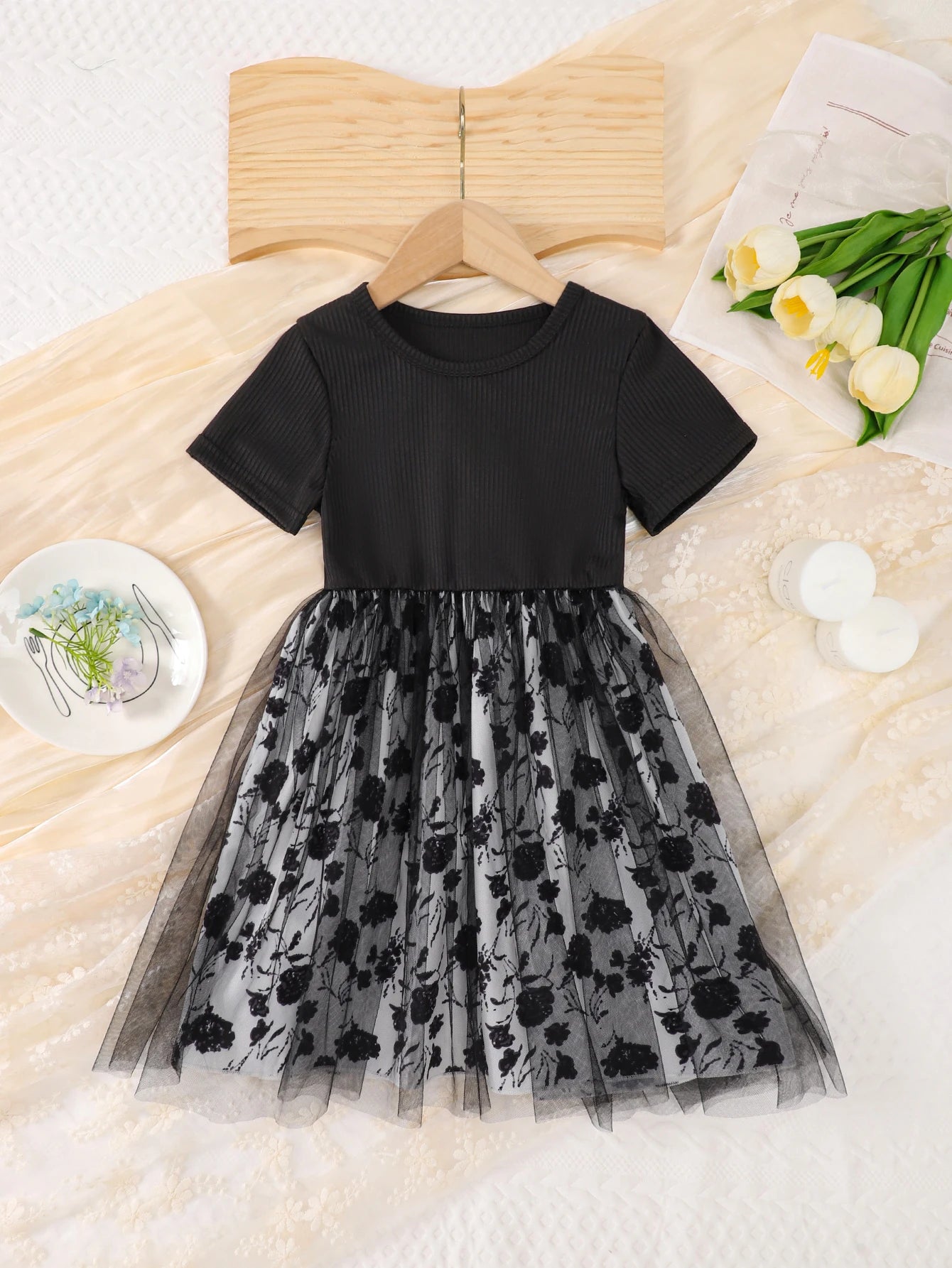 New Summer Outdoor Dress For Girls: Children's Black Striped Top Flower-Printed Mesh Long Dress