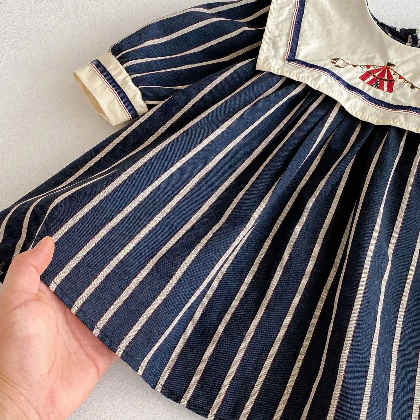 Baby Girl's Dress 2025 Autumn New Retro Children's Embroidered Dress Striped Long-sleeved Princess Dresses