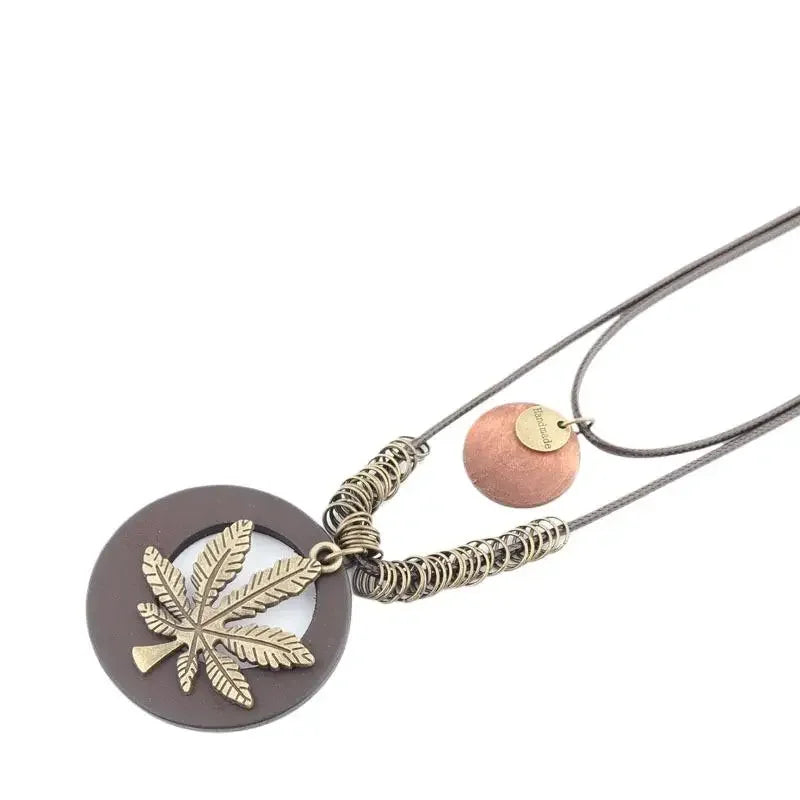 Vintage Accessories Ethnic Double-layer Round Wooden Maple Leaves Pendant Long Necklace For Women Men Sweater Chain Jewelry