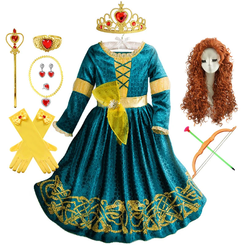 New Cartoon Movie Girls Princess Merida Dress Halloween Brave Princess Costume Children Green Velvet Long Sleeve Vintage Clothes