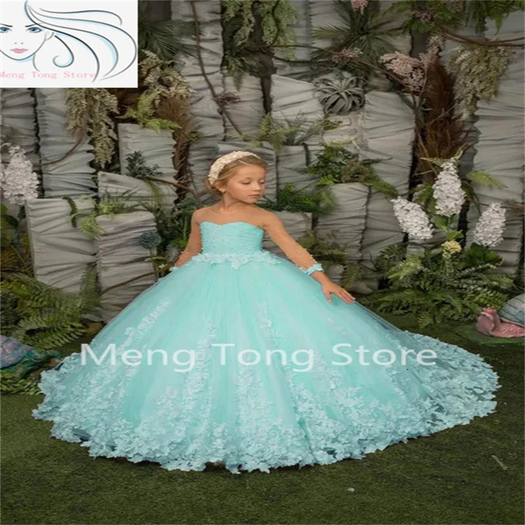 Elegance Flower Girl Dress Three Quartersleeve Appliqué Children Wedding Party Gowns New Kids Clothes Princess First Communion