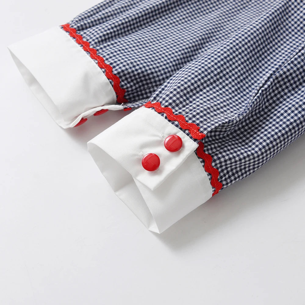 Vintage Dress Girls Kids Boutique Embroidery Square-cut Collar Plaid Dresses Girl Children Seven Sleeves Frocks Casual Clothing