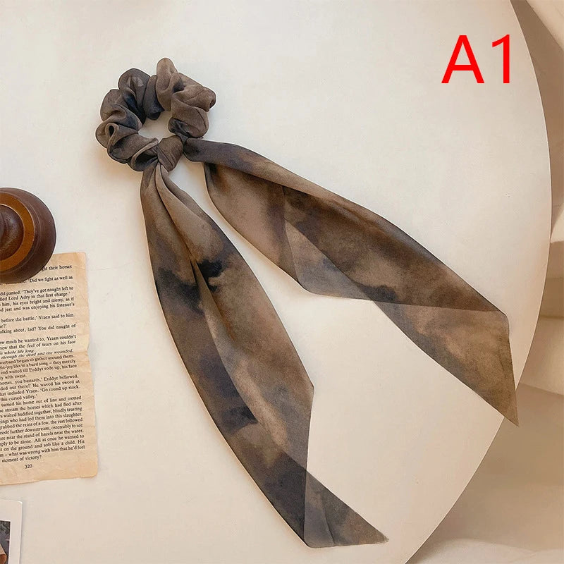 Women Scrunchies Headwear Satin Ribbon Bows Long Hair Ties Girls Ponytail Holder Ties Hair Rubber Bands Hair Accessories