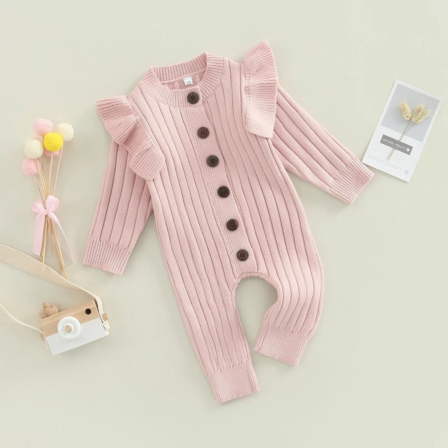 New Winter Baby Girl’s Knitted Long Sleeve Sweater Jumpsuit Fashion Solid Color Round Neck Ruffles Button Warm Romper Outfits (Available)