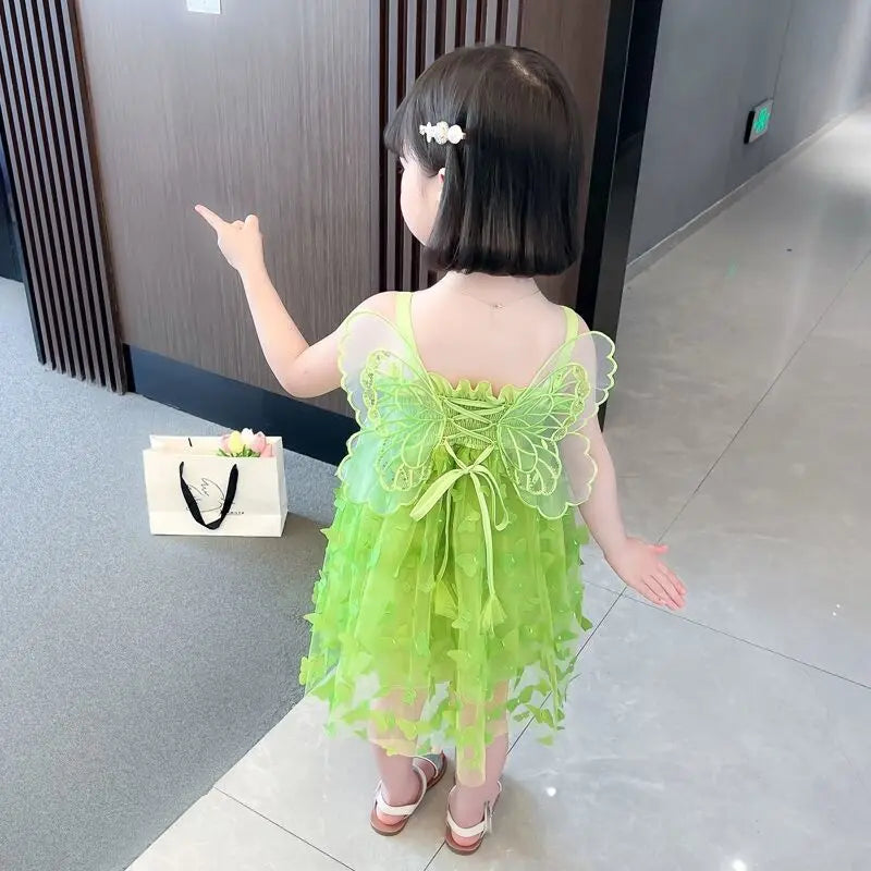 Fairy Girl Glitter Butterfly Wings Dress Summer New Kids Green Sling Princess Dresses Party Girls Costume (Available)