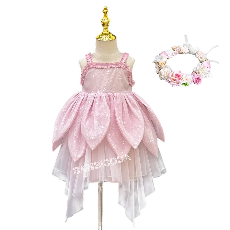 Flower Fairy Girl Dress Vest Sleeveless Shoulder Strap Suspender Princess Petal Skirt Magic Elves Halloween Dress