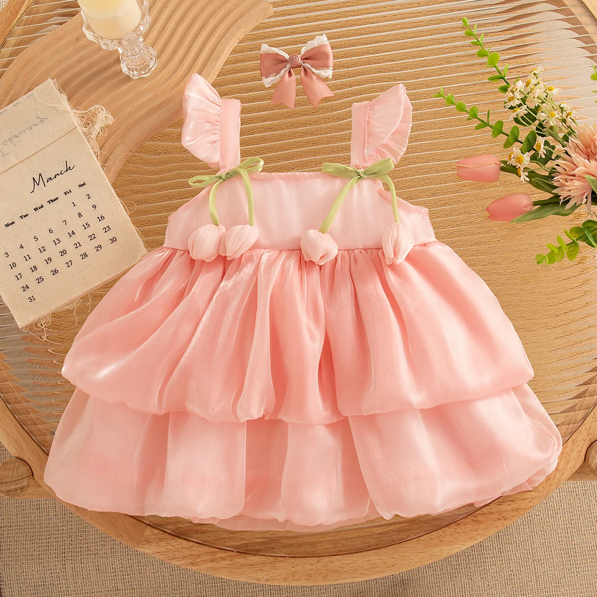 Newborn Girl Dress Layered Chiffon Princess Dress Flower Bow Tutu Dress for Baby Girl