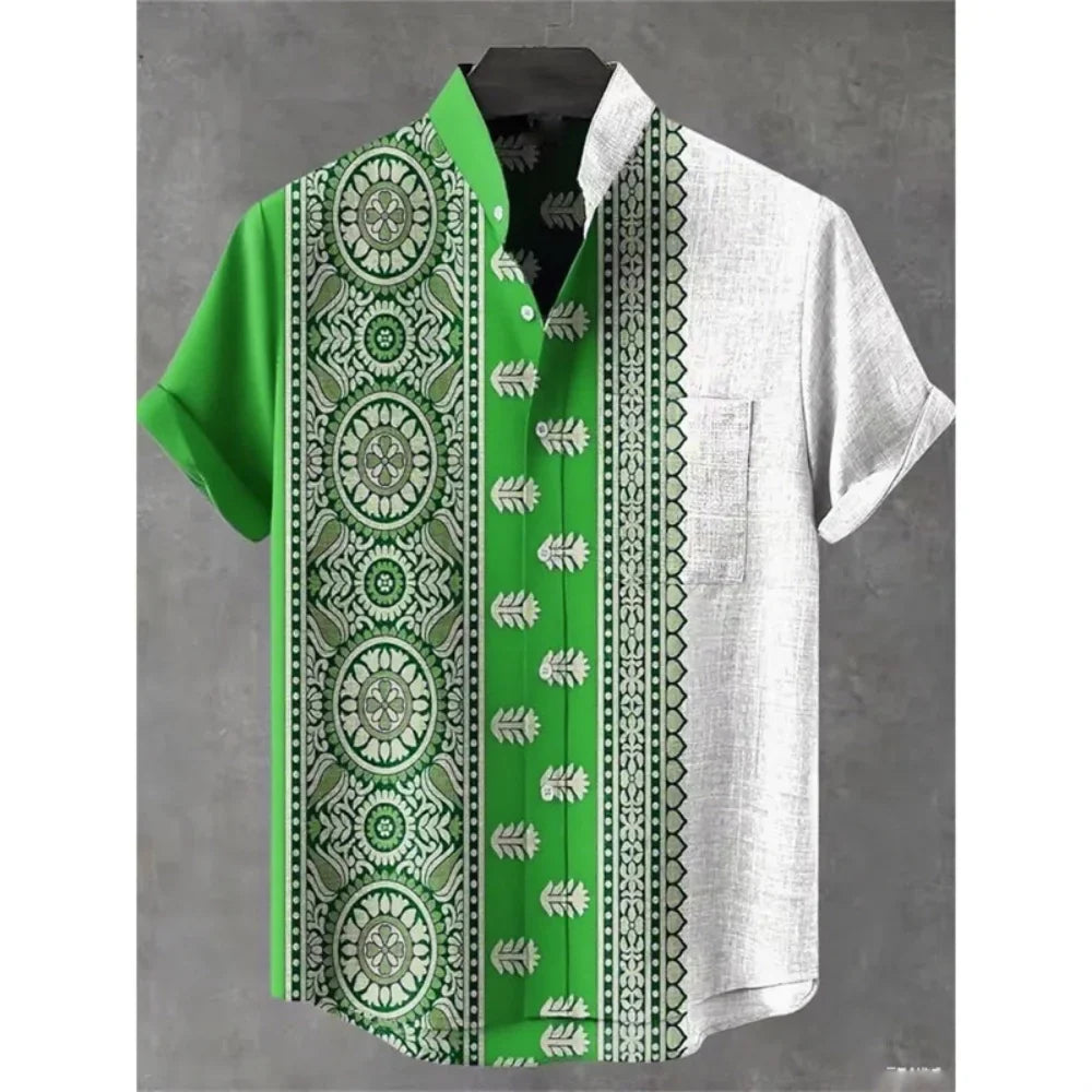 Men's summer shirt, fashionable stand up collar short sleeved cardigan, ethnic tribal printed pocket, linen breathable men's top (Available)