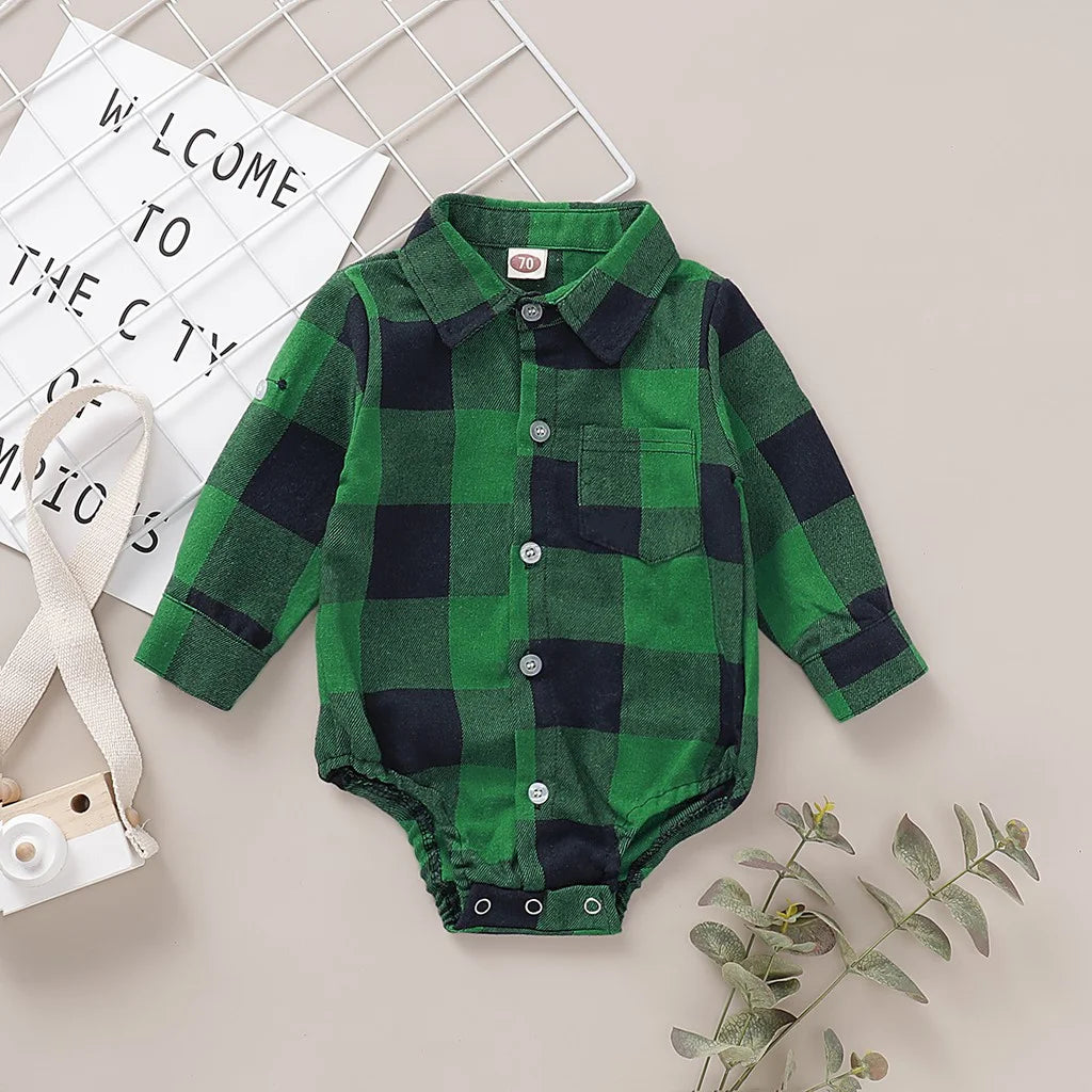 Newborn Baby Boy Bodysuit Plaid Print Long Sleeve Turn Down Collar Gentleman Shirt Jumpsuit Spring&Autumn Romper for 0-18Months