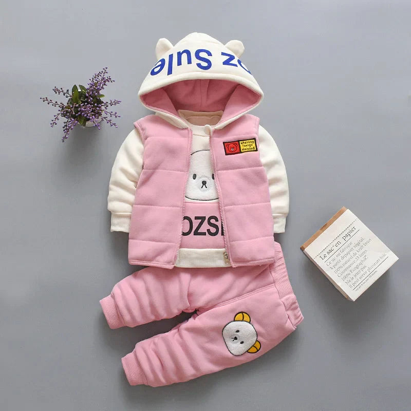 New Autumn Winter Baby Girl Clothes Children Boys Thickened Hooded Vest T-Shirt Pants 3Pcs/Sets Toddler Costume Kids Tracksuits (Available)