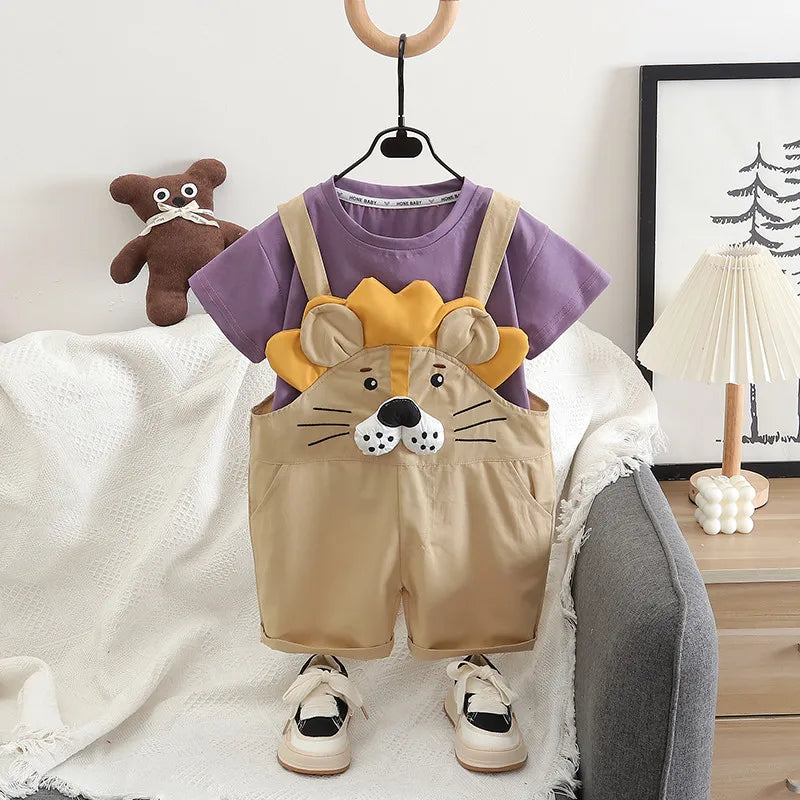Boys' summer short sleeved set 2025 new children's cartoon cute T-shirt shoulder pants two-piece set