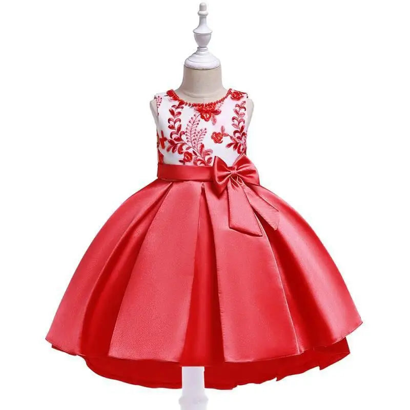 Party Prom Dress For Girls Flower Embroidery Princess Dresses Children Satin Bow Dovetail Dress For Kids Birthday Wedding Gown