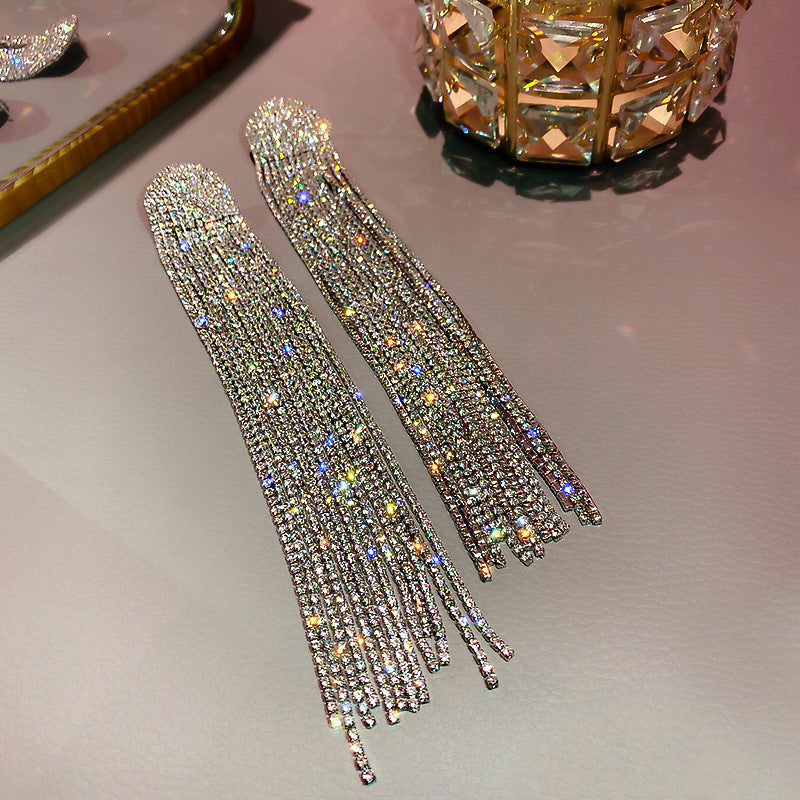 Exaggerated Personality Silver Full Diamond Super Long Tassel Ear Jewelry Women (Available)