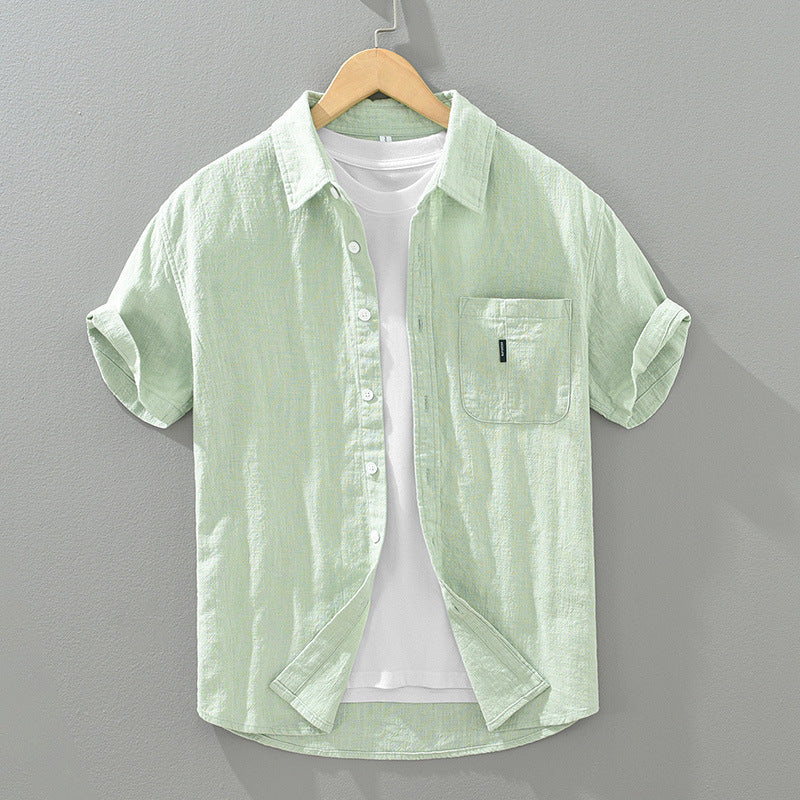 Solid Color Cotton And Linen Casual Fashion Short Sleeve Shirt (Available)