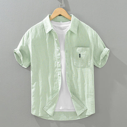 Solid Color Cotton And Linen Casual Fashion Short Sleeve Shirt (Available)