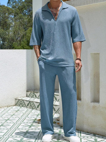 Commuter Suits Summer Short-sleeved Top And Loose Straight Trousers Casual Outfits Outdoor Mens Clothing   (Available)