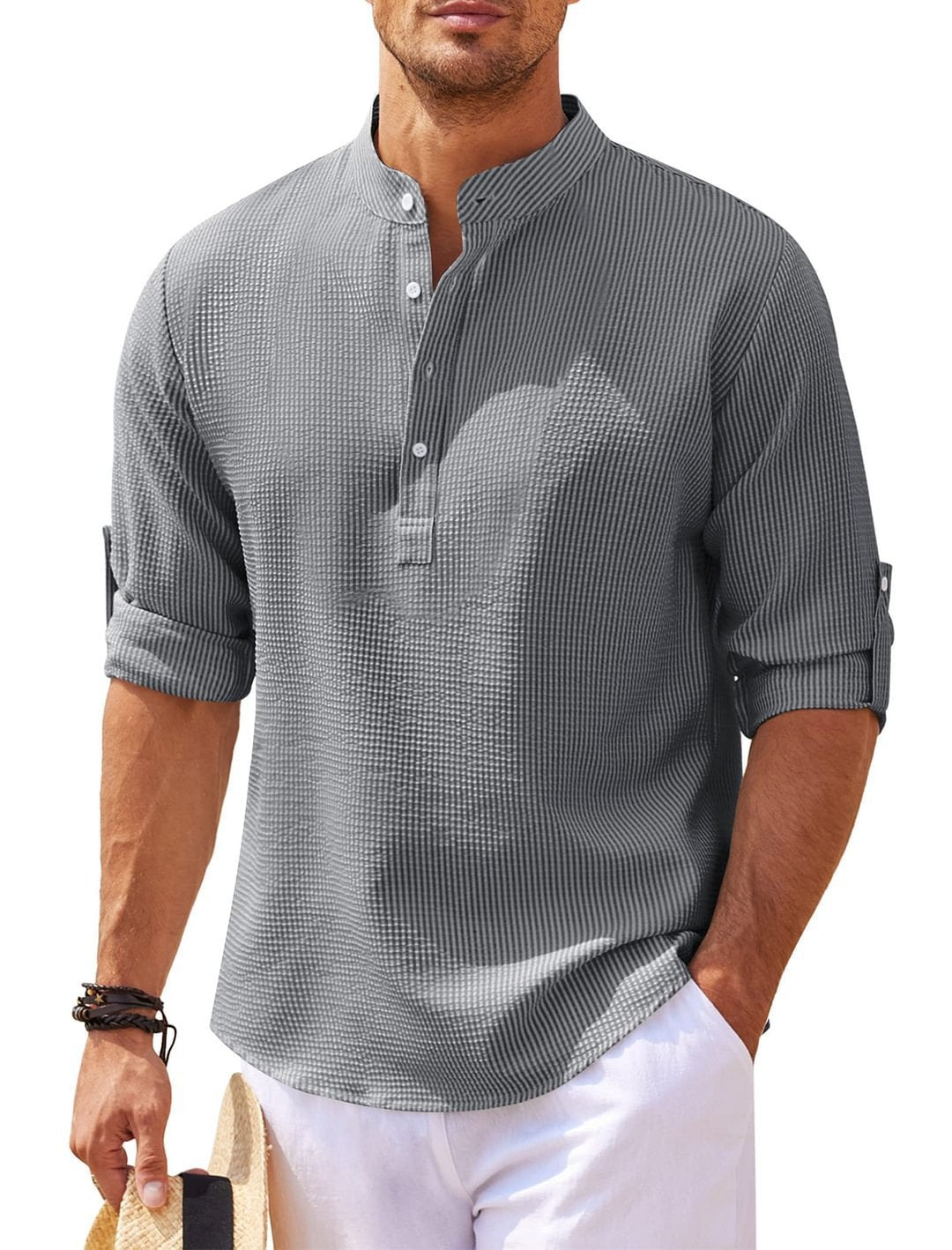 Men's Casual Shirt  Long Sleeve Stand Collar Solid Color Shirt Mens Clothing (Available)