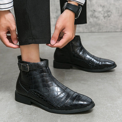 Men's Crocodile Pattern Boots Fashion Pointed Toe Low Square Heel Buckle Zipper Ankle Boots Business Formal Leather Shoes   (Available)