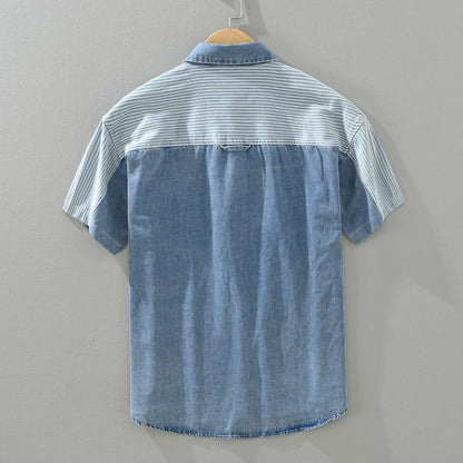 Design Sense Color Contrast Patchwork Striped Denim Short Sleeve Shirt (Available)