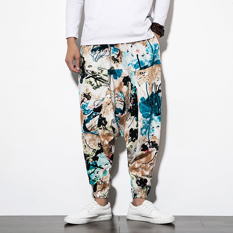 Foreign Trade Amazon 20 Spring And Summer Chinese Style Cotton And Linen Casual Pants Male Printing Long Pants Tide Large Size Loose Hip-Hop Pants (Available)