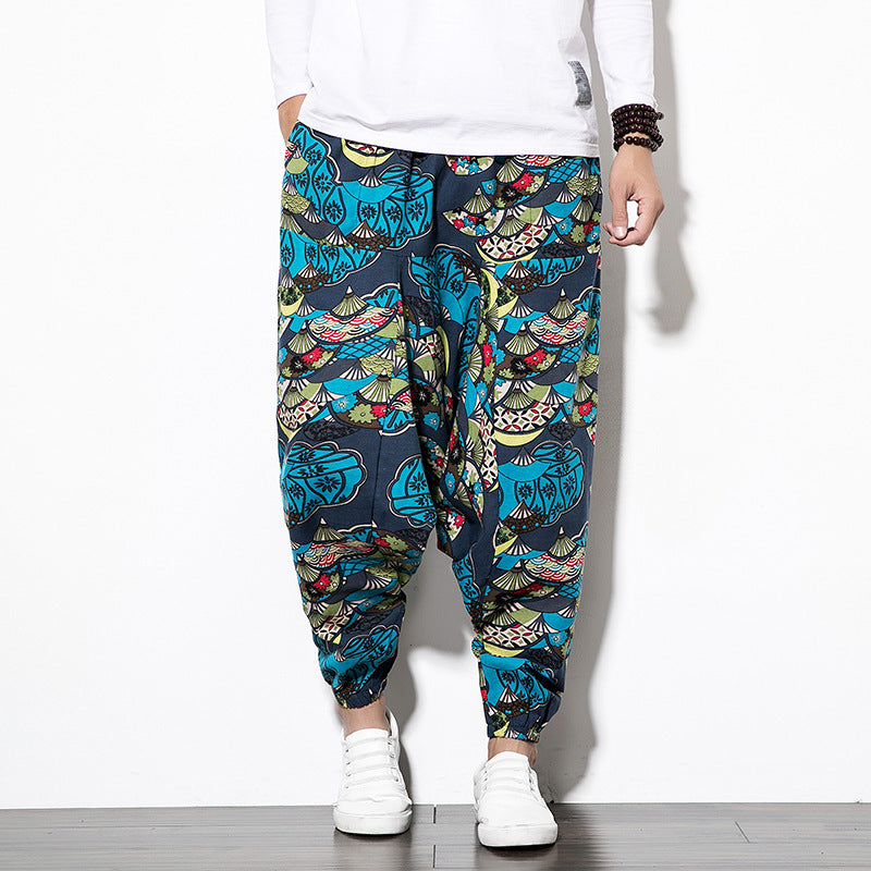 Foreign Trade Amazon 20 Spring And Summer Chinese Style Cotton And Linen Casual Pants Male Printing Long Pants Tide Large Size Loose Hip-Hop Pants (Available)