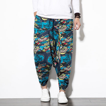 Foreign Trade Amazon 20 Spring And Summer Chinese Style Cotton And Linen Casual Pants Male Printing Long Pants Tide Large Size Loose Hip-Hop Pants (Available)