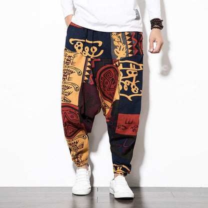 Foreign Trade Amazon 20 Spring And Summer Chinese Style Cotton And Linen Casual Pants Male Printing Long Pants Tide Large Size Loose Hip-Hop Pants (Available)