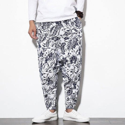 Foreign Trade Amazon 20 Spring And Summer Chinese Style Cotton And Linen Casual Pants Male Printing Long Pants Tide Large Size Loose Hip-Hop Pants (Available)