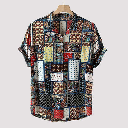 Mens Vintage Ethnic Style Printing Loose Short Casual Shirt (Available)