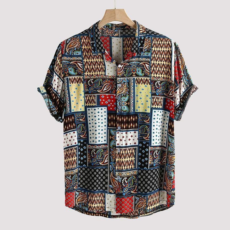 Mens Vintage Ethnic Style Printing Loose Short Casual Shirt (Available)
