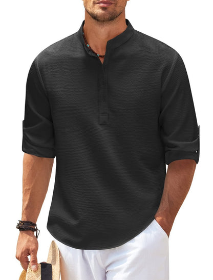 Men's Casual Shirt  Long Sleeve Stand Collar Solid Color Shirt Mens Clothing (Available)