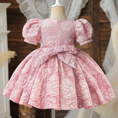 Girl's Baby Dress For One Year Old Puff Sleeve Bow Princess Dress (Available)