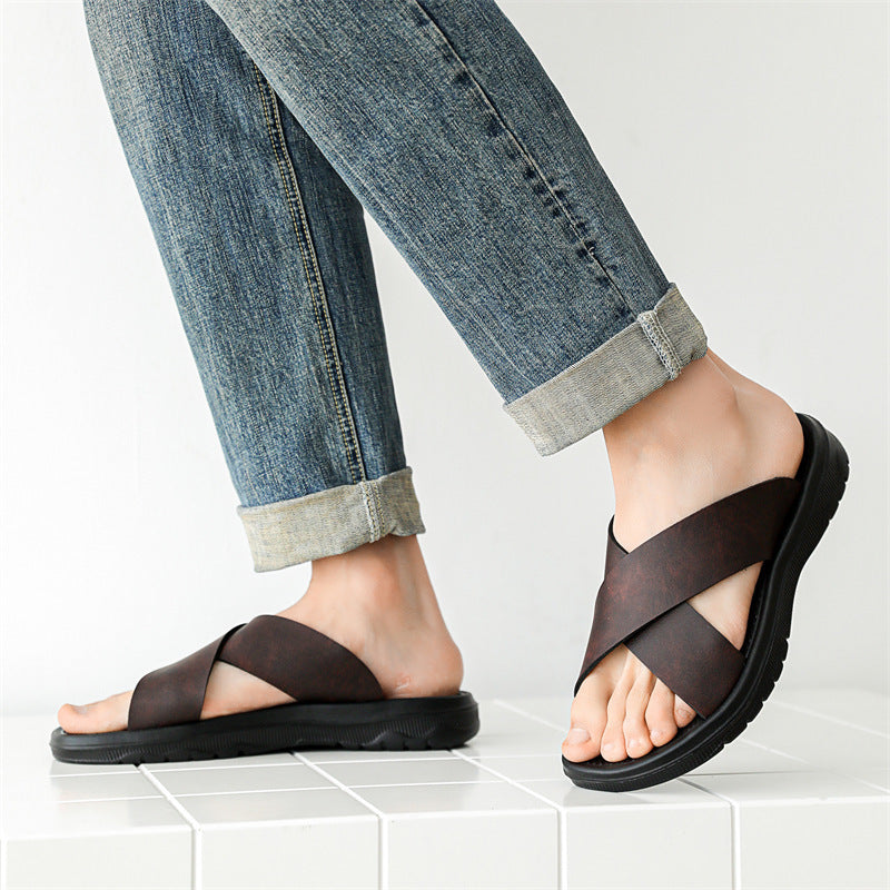 Leather Cross Plus Size Beach Casual Slippers Men (Available)